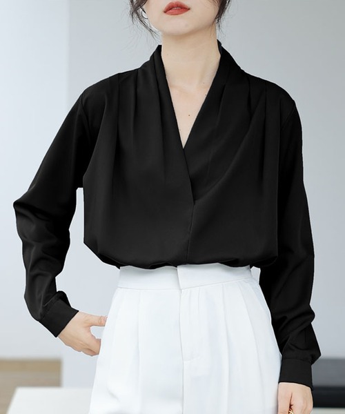 Dewlily ブラウス シャツ Vネックシンプル長袖シャツ レディース