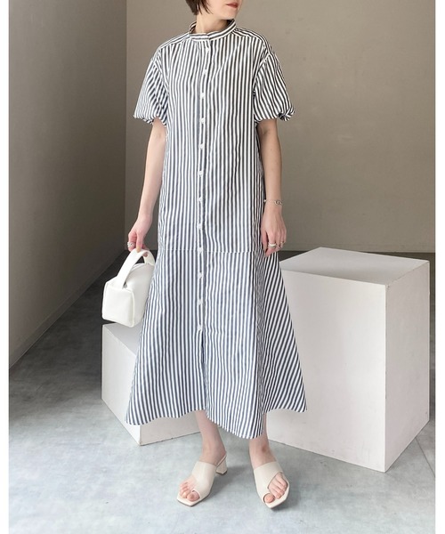 She's Closet シャツワンピース バンドカラーボリュームスリーブ半袖