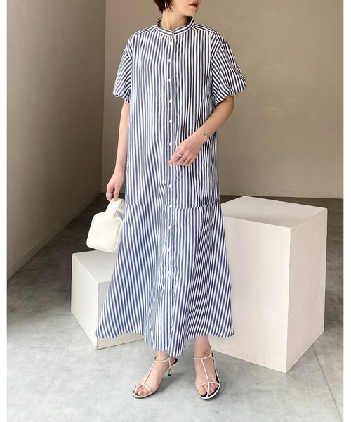 She's Closet シャツワンピース バンドカラーボリュームスリーブ半袖