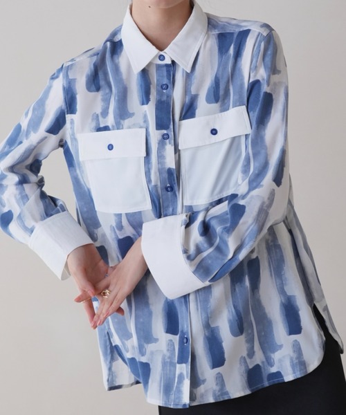 ブラウス シャツ パターン ポケット シャツ 柄シャツ  総柄 レディース