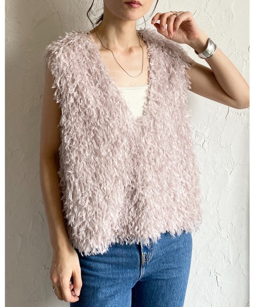 She's Closet ベスト ジレ 深Vネックショート丈フェザー