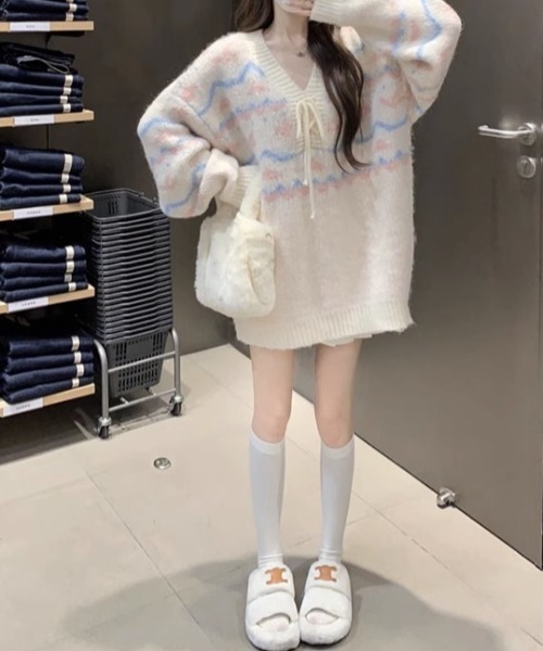 ワンピース Vネック お花ニット ミニワンピース レディース : ZOZOTOWN 