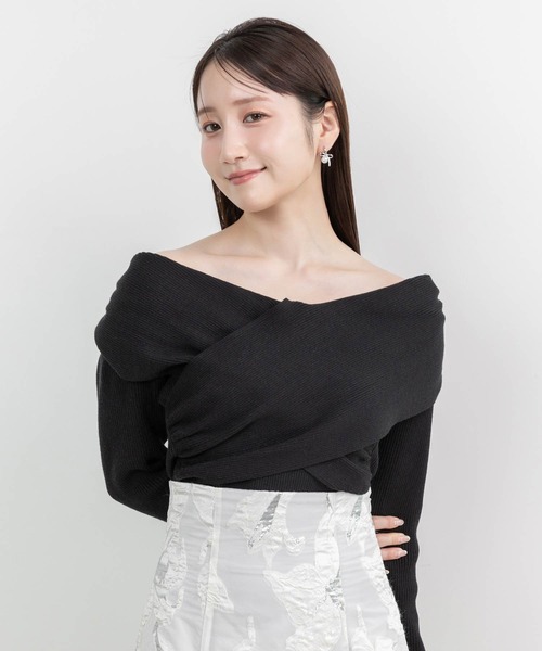 『RANDA』オフショルダートップス RANDA ニット セーター オフショルクロスニットトップス