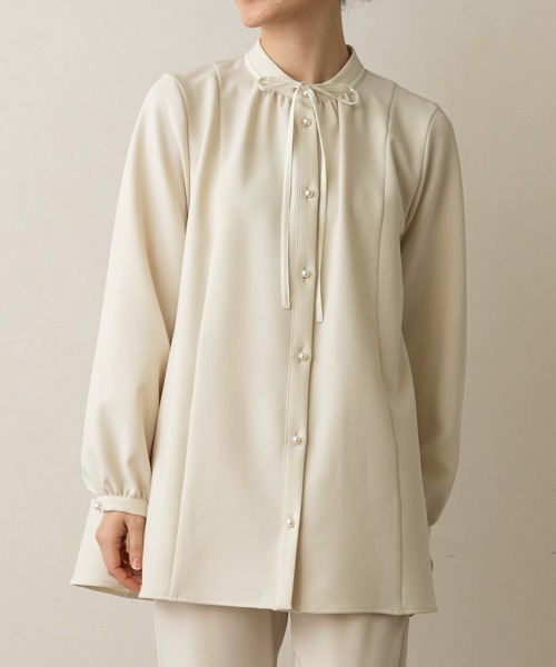 ブラウス シャツ 「SONO/ソーノ」「SONO NAVY/ソーノネイビー」「防しわダブルクロス」リボンタイチュニックブラウス レディース