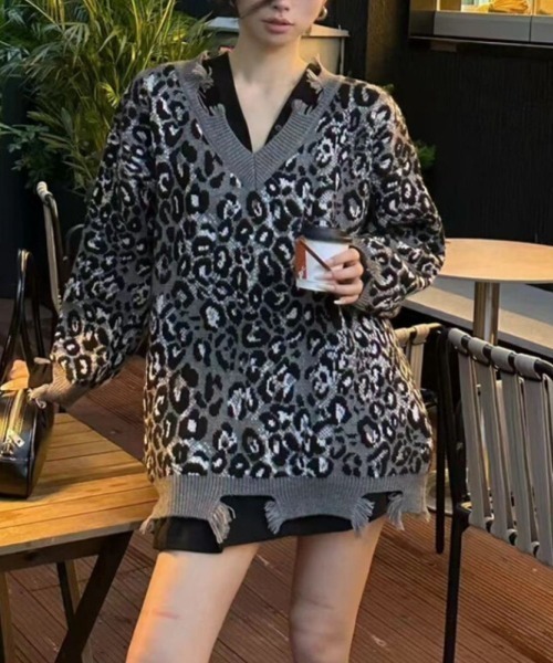 LETee ニット セーター レオパードジャカード Vネック ダメージニット