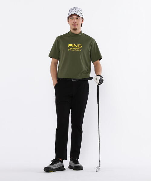 PING プレーティング天竺 半袖ハイネックシャツ Mサイズ グレー PING APPAREL】サライテック二重織半袖ハーフジップハイネック