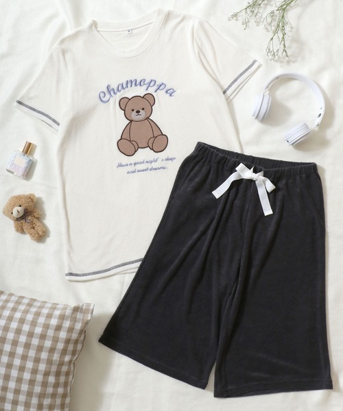 チャモッパ パジャマ ルームウェア テディベアアップリケ半袖パイルT