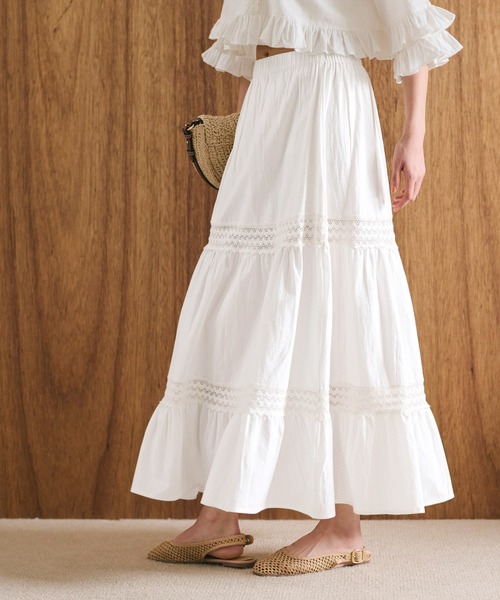 coca スカート ウォッシュドコットンレースティアードスカート