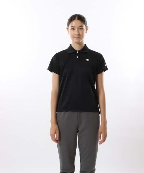 「Champion」 半袖ポロシャツ LARGE ブラック レディース