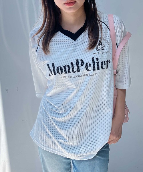 tシャツ ●ドロスト付き メッシュ衿VネックTシャツ レディース