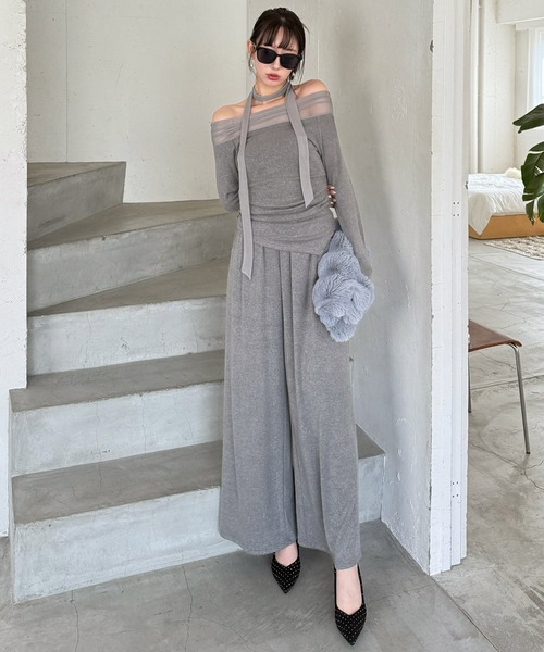 tシャツ デコルテシアーオフショルダーカットトップス レディース