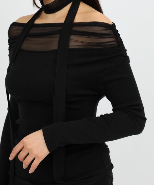 tシャツ デコルテシアーオフショルダーカットトップス レディース