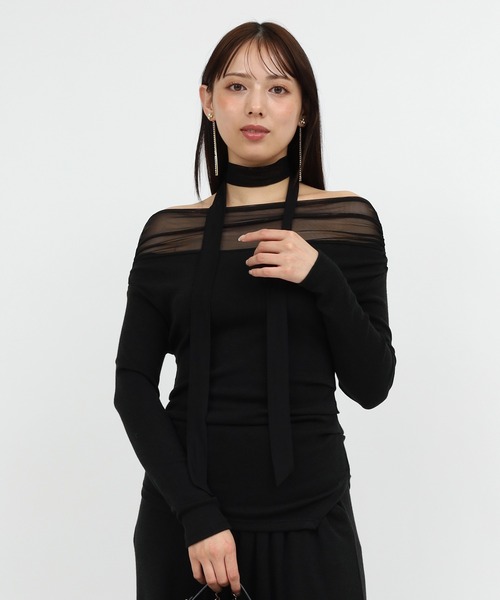 tシャツ デコルテシアーオフショルダーカットトップス レディース