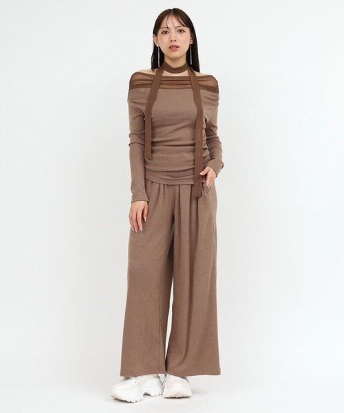 tシャツ デコルテシアーオフショルダーカットトップス レディース