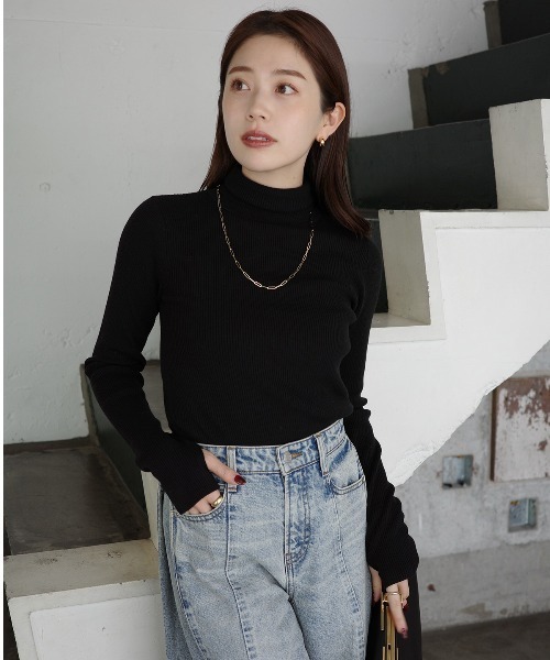 新品　anuans リブタートル　ブラック セール】ウールフィットリブタートルプルオーバー（ニット/セーター