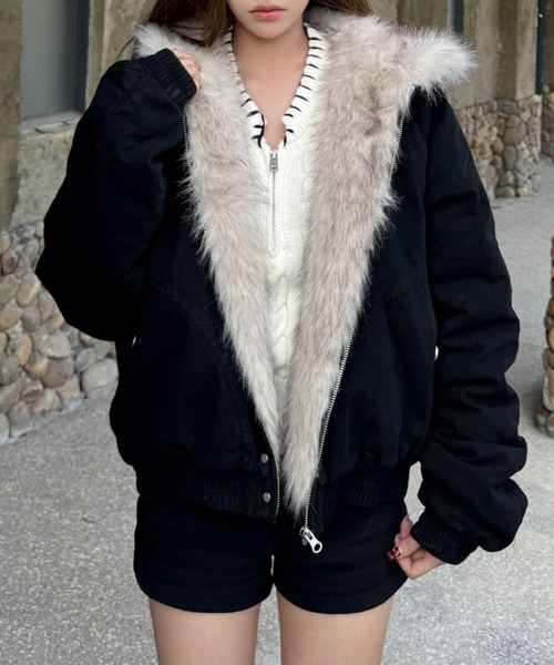 ブルゾン アウター フェイクファーフードブルゾン/防寒中綿ジャケット