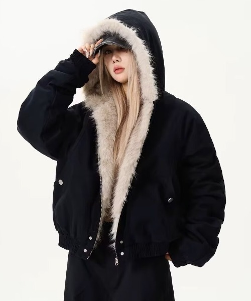 ブルゾン アウター フェイクファーフードブルゾン/防寒中綿ジャケット