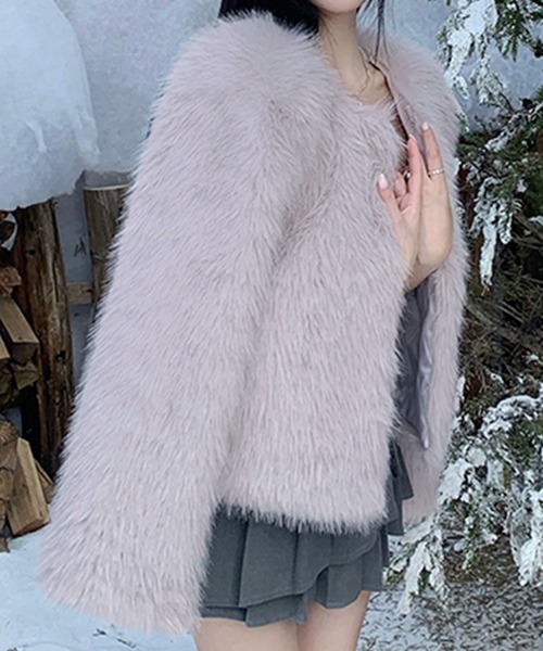 ステンカラーファーコート　0 Kuroba ノーカラーコート コート フェイクファーコート レディース