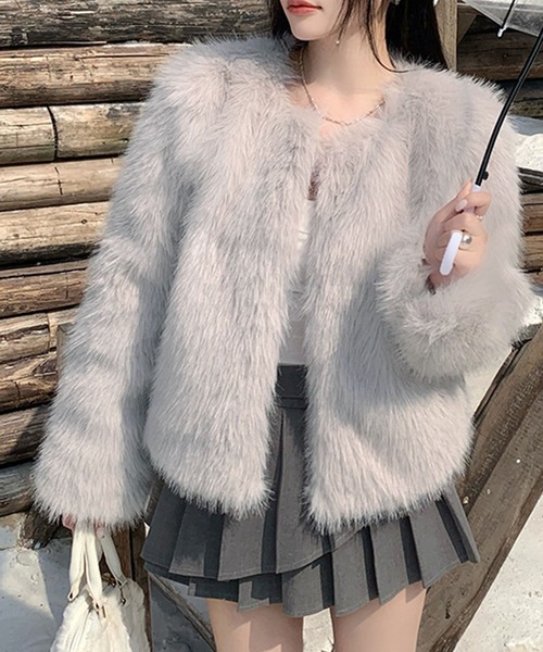 ステンカラーファーコート　0 Kuroba ノーカラーコート コート フェイクファーコート レディース