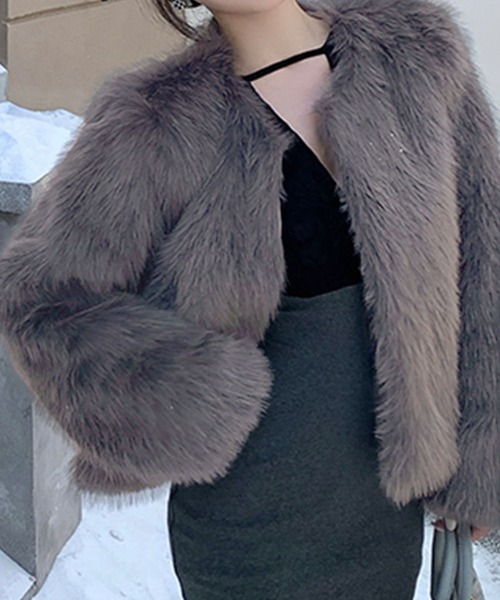 Kuroba ノーカラーコート コート フェイクファーコート レディース