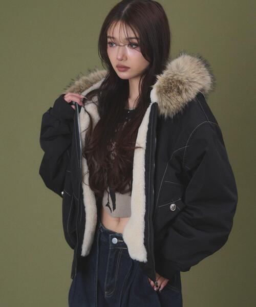 HOWSS 短丈 ボンバージャケット ブラック ファー付き dispark ブルゾン アウター DISPARK/「25年秋冬新作」フェイクファー