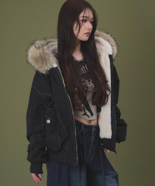 ファー付き黒ボンバージャケット dispark ブルゾン アウター DISPARK/「25年秋冬新作」フェイクファー