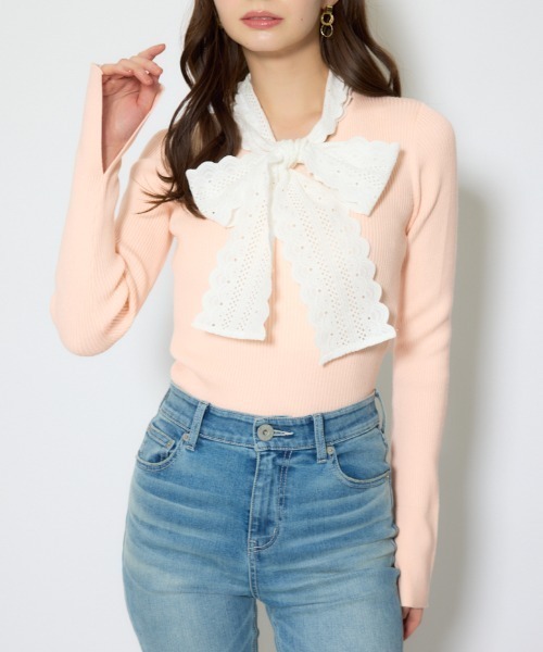 rienda リエンダ　バックリボンニットコンビTOPS rienda バックリボンニットコンビTOPS 【公式通販】