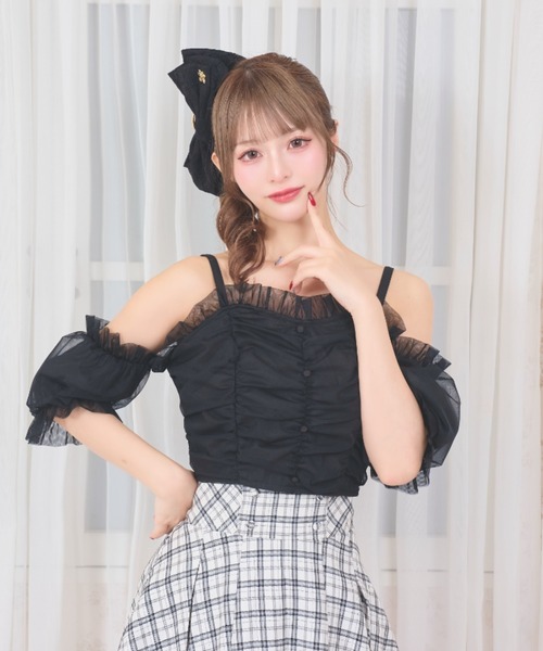 RANDY オフショル チェックチュールトップス ブラック LAFARY（ラファリー） オフショルチュールトップス レディース