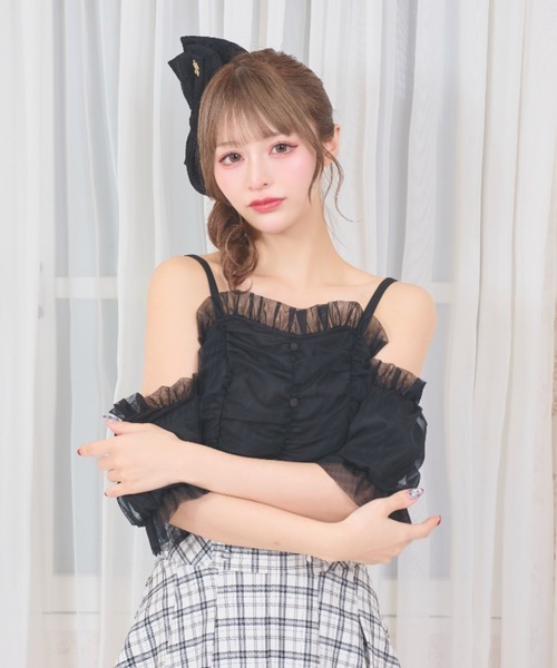 RANDY オフショル チェックチュールトップス ブラック LAFARY（ラファリー） オフショルチュールトップス レディース