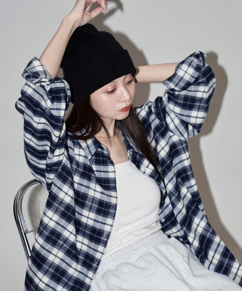 「PUBLUX」 長袖シャツ フリ- ネイビー レディース_画像4
