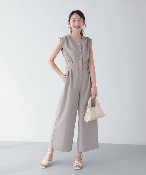 【週末お値下げ】ミレニュー ショルダーシャーリングサロペット　グレージュ Mirenue サロペット オーバーオール ショルダーシャーリングサロペット