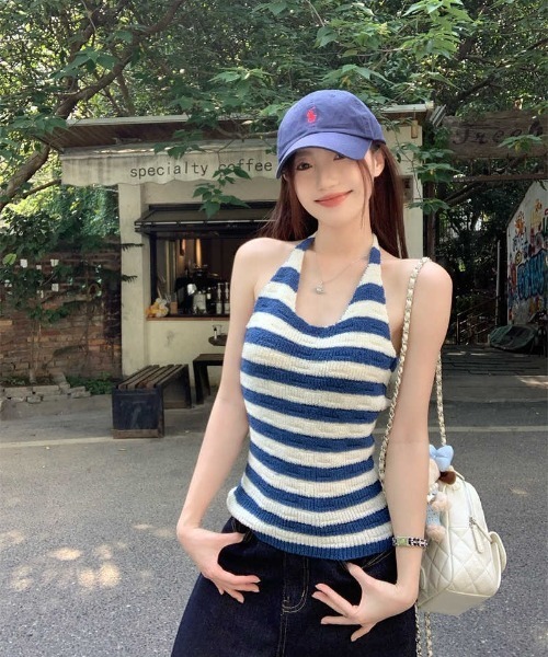 タンクトップ ノースリーブ マリンボーダー・ホルターネックタンク