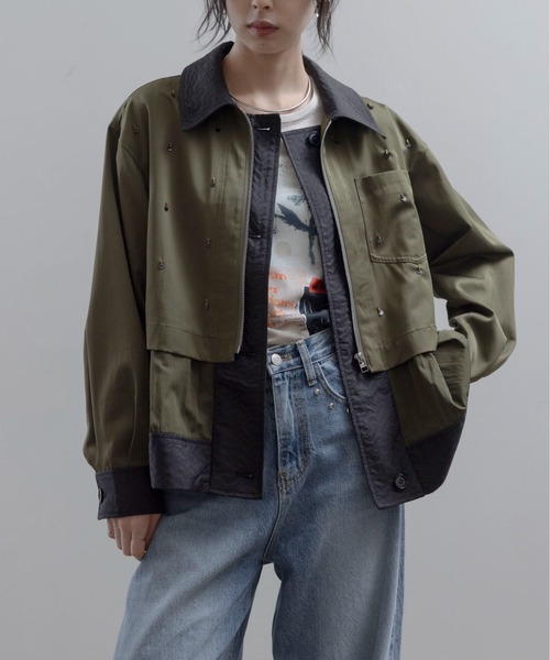 【完売美品】eimee law エイミーロウ　メッシュ　ニット　ブルゾン　カーキ Eimee Law（エイミーロウ） コート アウター ビーズスパン刺繍