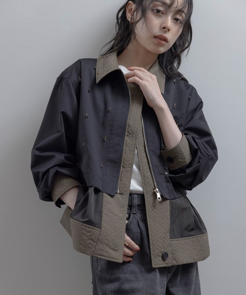 【完売美品】eimee law エイミーロウ　メッシュ　ニット　ブルゾン　カーキ Eimee Law（エイミーロウ） コート アウター ビーズスパン刺繍