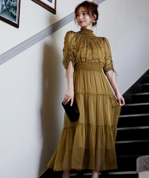 同窓会　結婚式　ハイネックティアードシアードレス　オールドローズ【新品未使用】 楽天市場】ハイネックティアードシアードレス パーティードレス