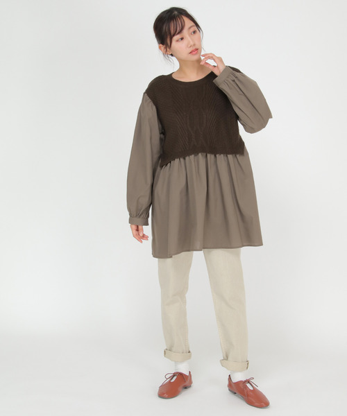 LBC ブラウス シャツ ケーブルニットドッキングブラウス