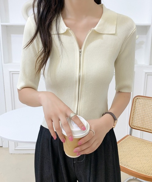 DIAVEL カーディガン 「七色展開 」ダブルジップアップカラー半袖