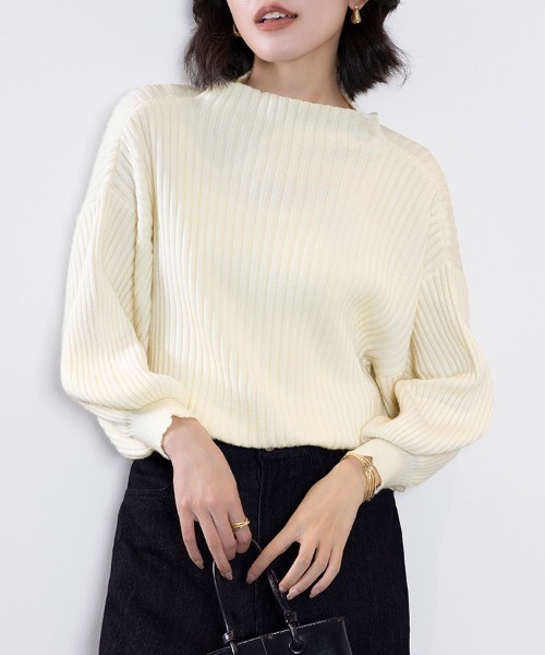 クリーム色 バルーンスリーブ ニットセーター CROSS FUNCTION（クロスファンクション） ニット セーター 「洗える
