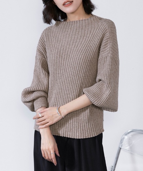 クリーム色 バルーンスリーブ ニットセーター ニット セーター バルーンスリーブリブニットセーター レディース