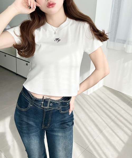 moment+ tシャツ ワンポイント刺繍半袖チビTシャツ レディース