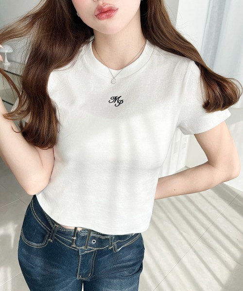 moment+ tシャツ 半袖 ワンポイント刺繍半袖チビTシャツ レディース