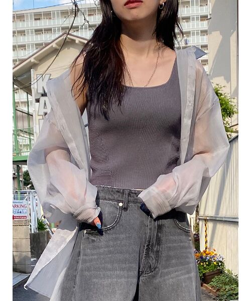 MURUA ブラウス シャツ シアーシャイニーボリュームスリーブ