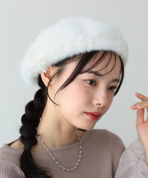 BLUEEAST（ブルーイースト） 帽子 ベレー帽 パールリボンファーベレー