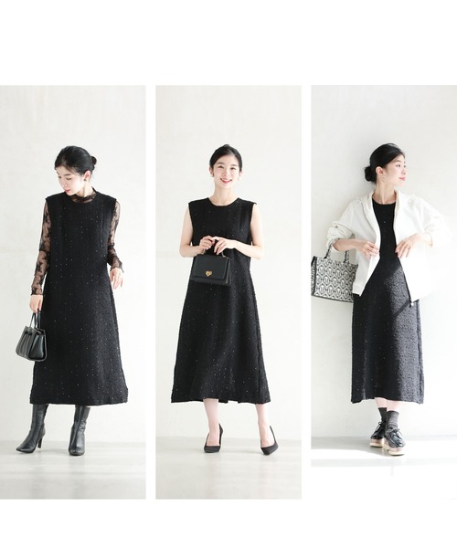 再入荷12月1日 スパンコールが優しく煌めくツイード風キレイめミディアムワンピース ノースリーブ レディース ファッション 秋 冬 着回し 重ね着 cawaii fsz00042ss S~L対応 ブラック ホワイト キレイめ シンプル ミセス 30代 40代 50代 cawaii ワンピース スパンコールが優しく煌めくツイード風キレイめ