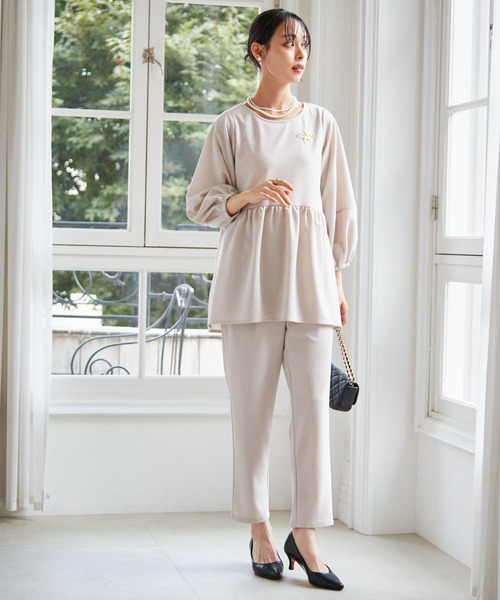 【完売品】TWILL ラウンドペプラムボリュームブラウス RANAN（ラナン） セットアップ 「2点セット」洗えるランタンスリーブ