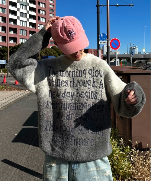 Perushu セーター ニット グラデーションシャギーメッセージロゴニット 