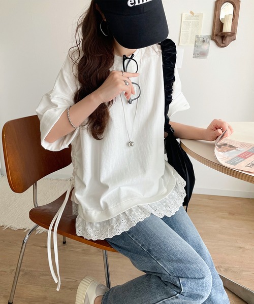 レリアン、重ね着風アイボリー トップス、ベルトあり classicalelf tシャツ 体型カバーも叶う！重ね着風で即こなれ感