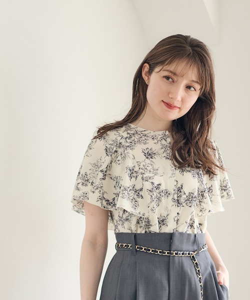ブラウス シャツ フリルスリーブ花柄ブラウス レディース