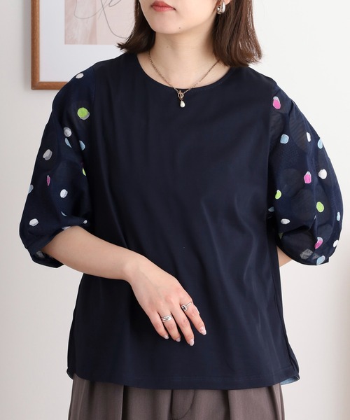 tシャツ BRODIAEA 塩縮加工ドット切り替え5分袖カットソー「日本製」 レディース