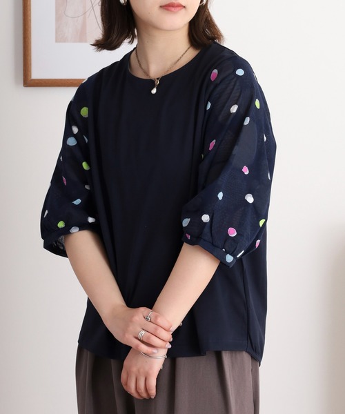 ブローディア BRODIAEA 塩縮加工ドット切り替え5分袖カットソー【日本製】 （ネイビー） tシャツ BRODIAEA 塩縮加工ドット切り替え5分袖カットソー「日本